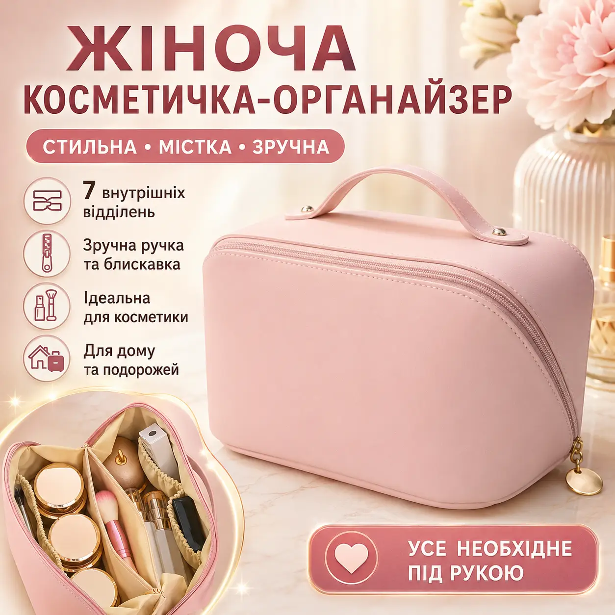 Пудрова косметичка для косметики AND XL-1010 жіноча дорожня, органайзер з екошкіри із 7 відділеннями, ручкою та блискавкою