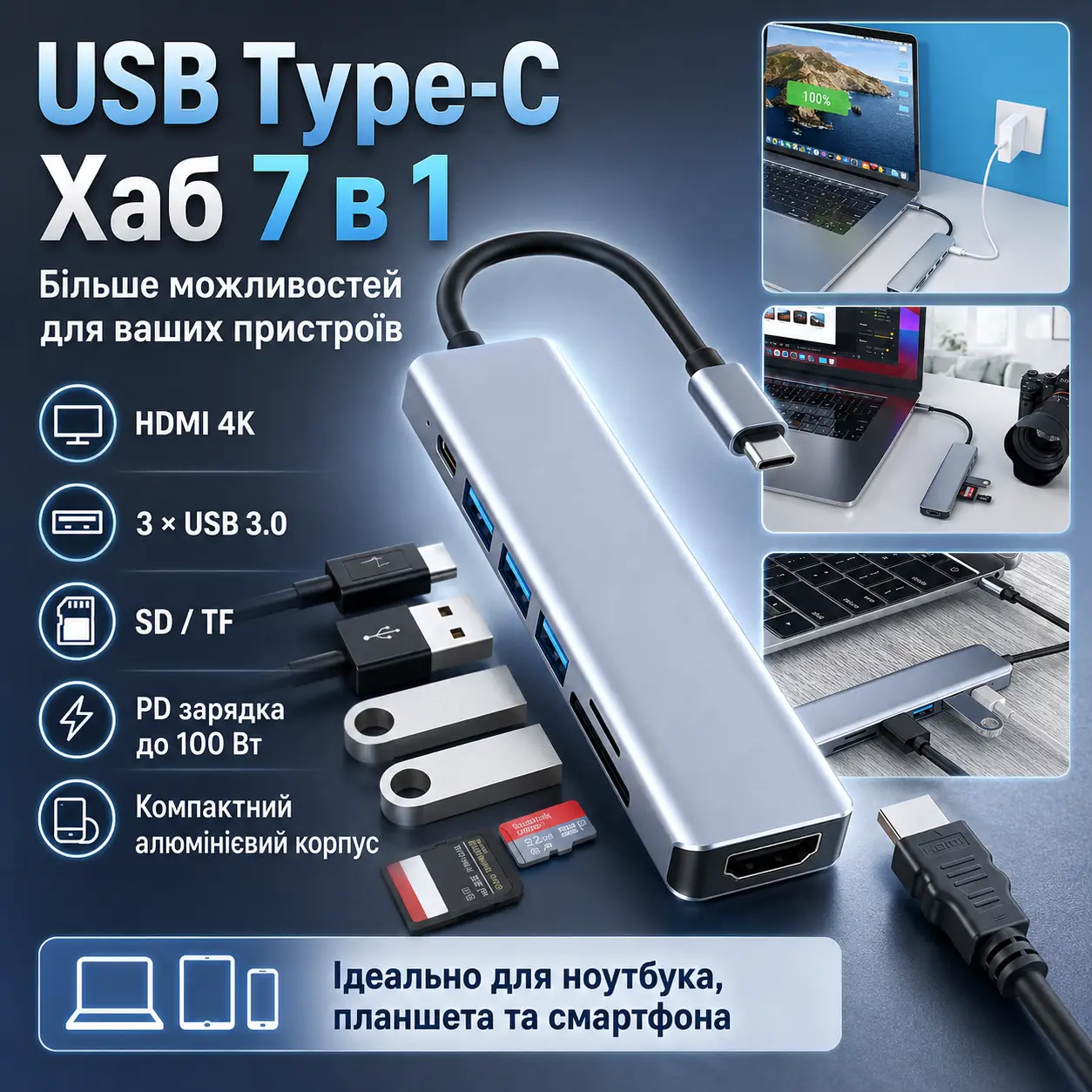 USB-хаб 7в1, Type-C to HDMI + SD + TF + 3xUSB + PD, Сірий / USB розгалужувач для ноутбука / ЮСБ хаб