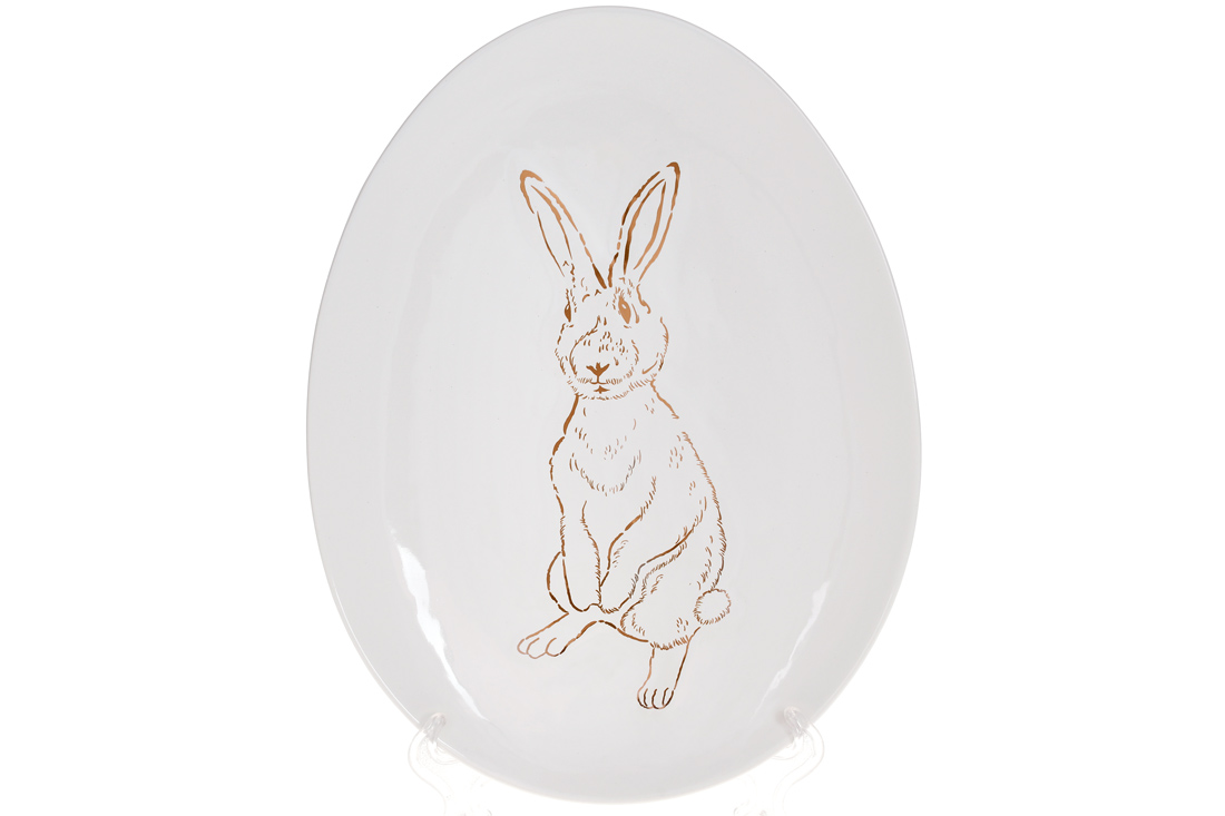 Блюдо керамічне овальне з малюнком Bunny 27см, колір - білий із золотом 795-215